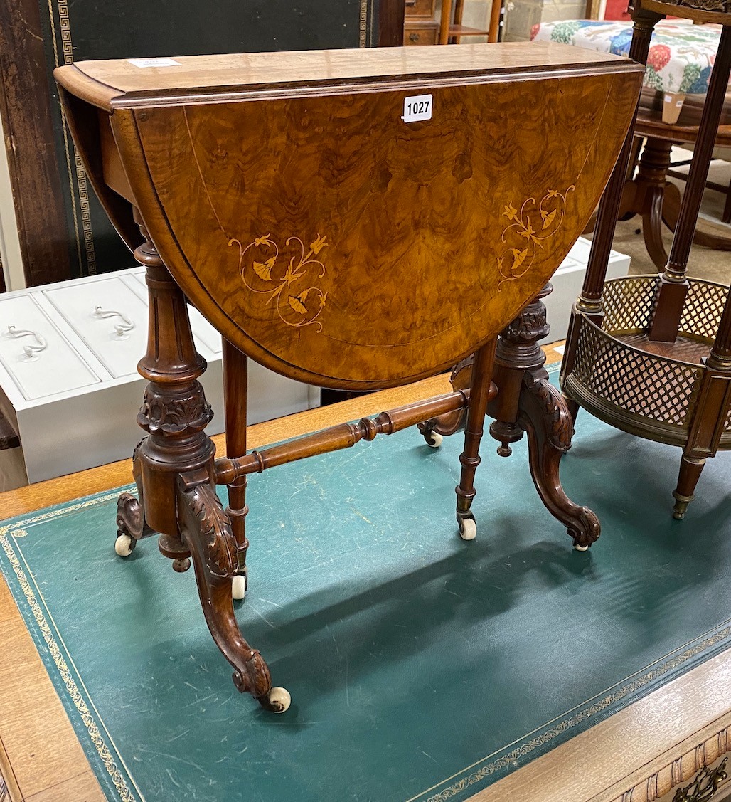 A Victorian marquetry inlaid walnut Sutherland table, width 61cm, height 61cm
